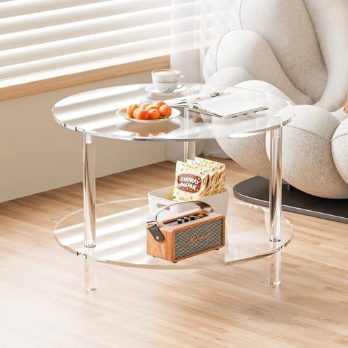 Modern Acrylic Coffee Table with 2-Tier Storage, Round Durable Lucite Coffee Table, Clear Center Table for Living Rooms, Apartments, and Offices, Easy Assembly, 23.6" D x 23.6" W x 16.5" H$$Furniture