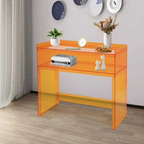 Modern Acrylic Desk, Small Entryway Table with Open Shelves, Orange Entry Table
