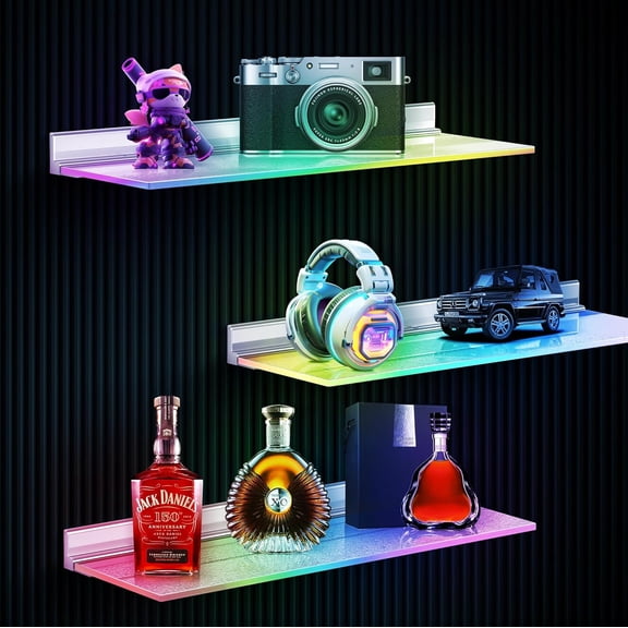 Modern Acrylic LED Wall-Mounted Bar Shelves, 3-Pack RGB Backlit Floating Liquor & Wine Display with Aluminum Profile Frame | APP/Voice Control Mood Lighting for Home Game Room