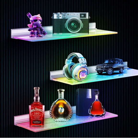 Modern Acrylic LED Wall-Mounted Bar Shelves, 3-Pack RGB Backlit Floating Liquor & Wine Display with Aluminum Profile Frame | APP/Voice Control Mood Lighting for Home Bar & Game Room