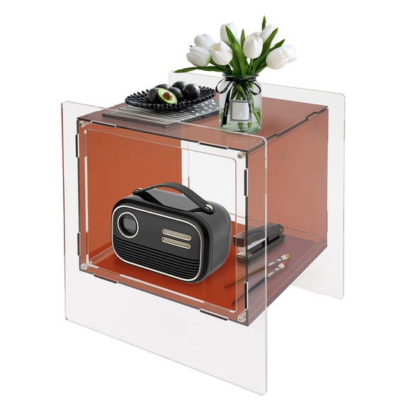 Modern Acrylic Nightstand Side Table with Storage Shelf Clear Bedside Table End Table for Living Room Bedroom (Brown)