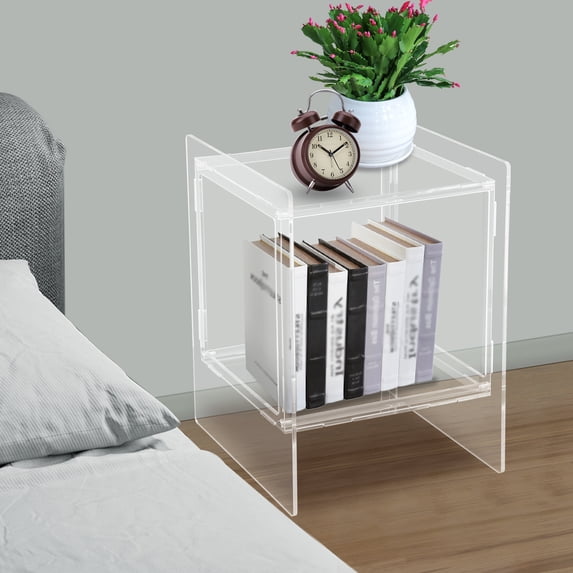 Modern Acrylic Nightstand Side Table with Storage Shelf Clear Bedside Table End Table for Living Room Bedroom (Clear)