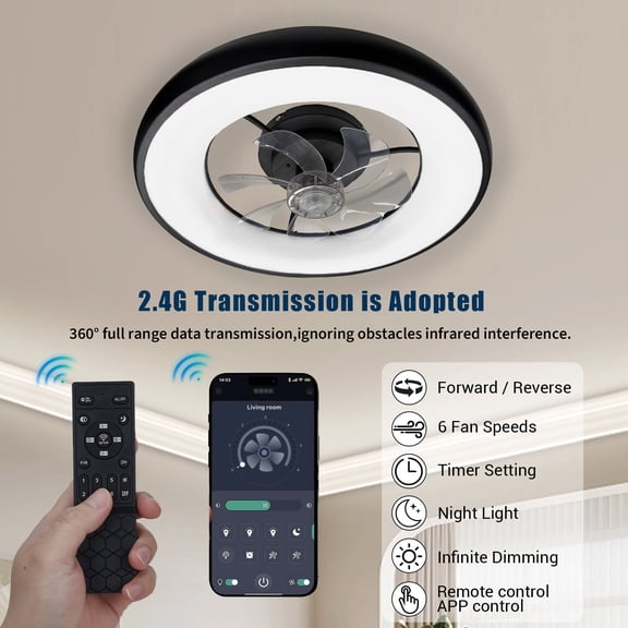 Modern Acrylic Ring Ceiling Fan Light, Decorative Circular Lighting Fixture, Quiet Operation & Energy Saving for Home, Kitchen, Living Room, Office, Black