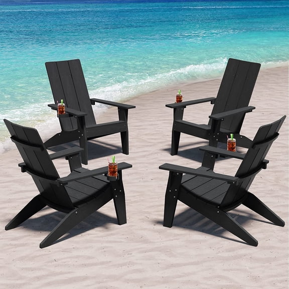 Modern Adirondack Chairs Set of 4 Weather Resistant with Cup Holder Oversize Plastic Fire Pit Chairs Plastic Outdoor Chairs for Firepit Area Seating (Black)