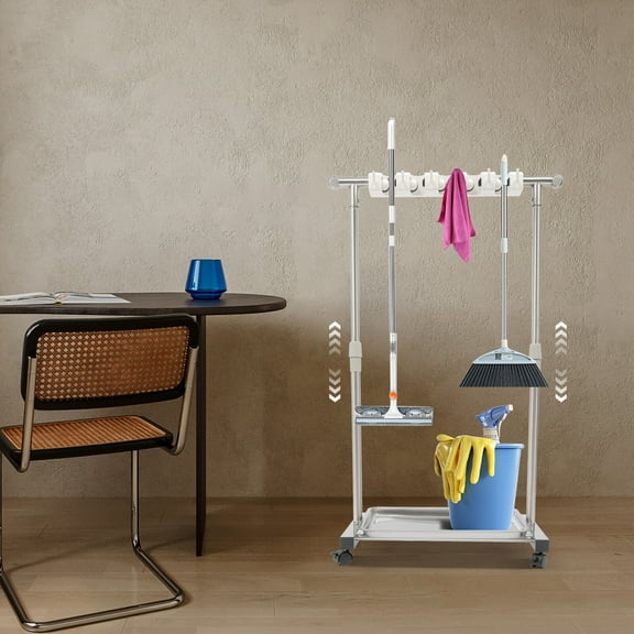 Modern Adjustable 6 Hooks 5 Slots Wet Mop Hanger Rack Mop Broom Holder Movable Standing Cleaning Tool Holder Max. Overall Load Capacity 22.05lbs 26.4*16.14in for Homes, Restaurants, Hotels