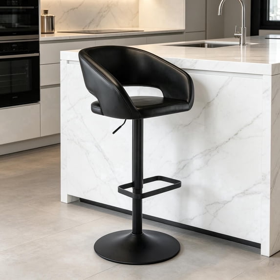 PU Leather Swivel Bar Stools with Arms, Adjustable Counter Height Bar Stool, Modern Upholstered Kitchen Island Chair with Footrest(Black, Black Base)