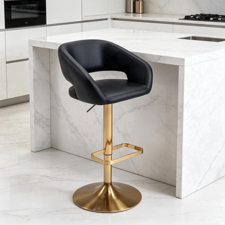 PU Leather Bar Stools, Adjustable Height 24."-32.25, Swivel Barstools with Back & Footrest, Upholstered Bar Chairs for Kitchen Island, Dining Room, Home Bar (Black, Gold Base)