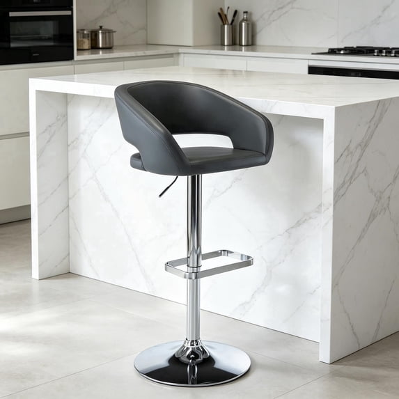 PU Leather Swivel Bar Stools with Arms, Adjustable Counter Height Bar Stool, Modern Upholstered Kitchen Island Chair with Footrest(Grey, Silver Base)