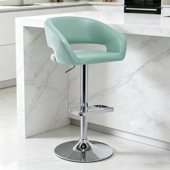 PU Leather Bar Stools, Adjustable Height 24."-32.25, Swivel Barstools with Back & Footrest, Upholstered Bar Chairs for Kitchen Island, Dining Room, Home Bar (Mint Green, Silver Base)