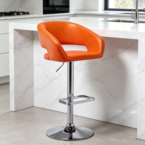 PU Leather Bar Stools, Adjustable Height 24."-32.25, Swivel Barstools with Back & Footrest, Upholstered Bar Chairs for Kitchen Island, Dining Room, Home Bar (Orange, Silver Base)