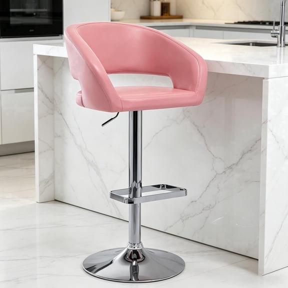 PU Leather Bar Stools, Adjustable Height 24."-32.25, Swivel Barstools with Back & Footrest, Upholstered Bar Chairs for Kitchen Island, Dining Room, Home Bar (Pink, Silver Base)