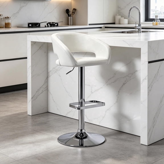 PU Leather Swivel Bar Stools with Arms, Adjustable Counter Height Bar Stool, Modern Upholstered Kitchen Island Chair with Footrest(White, Silver Base)
