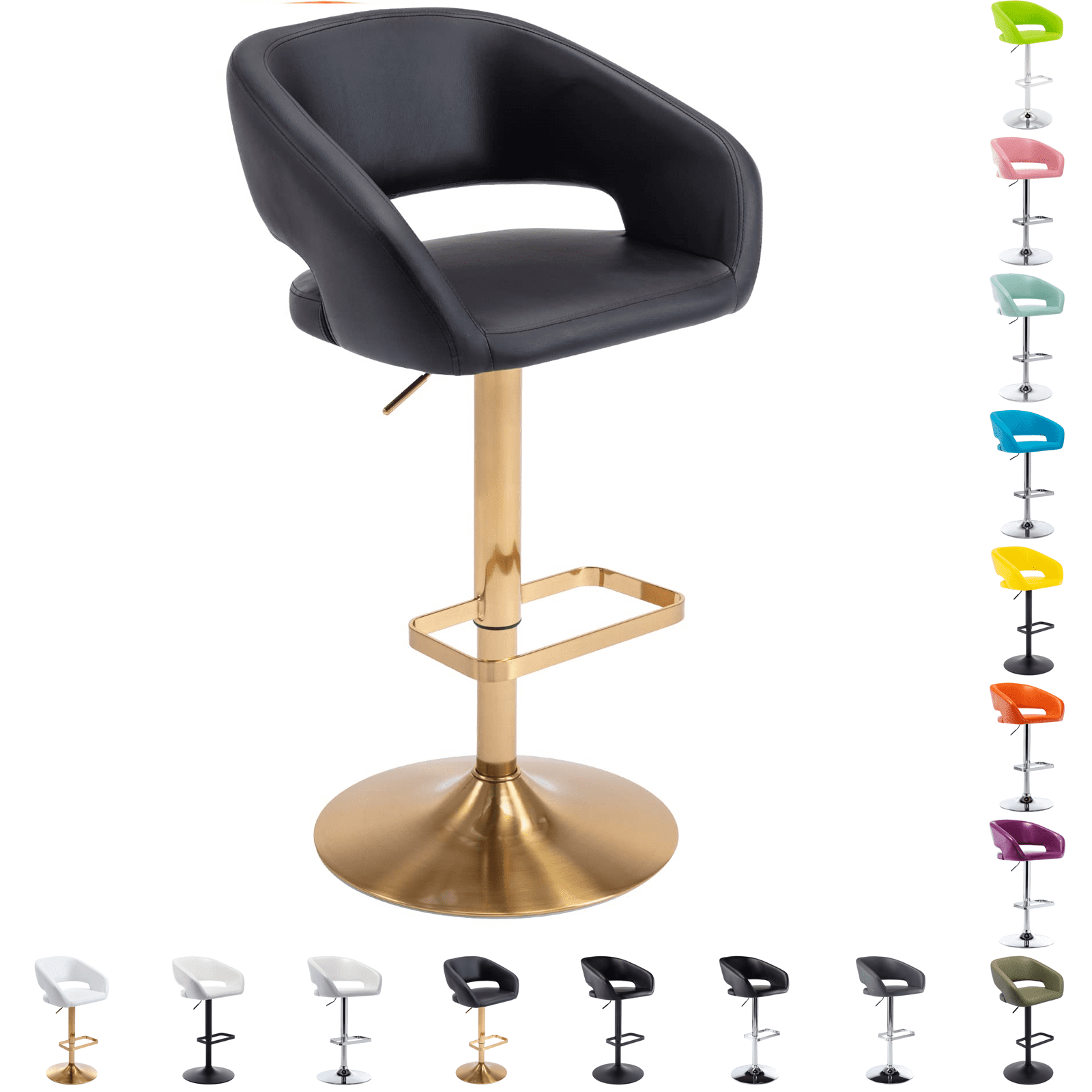 Modern Adjustable Bar Stools with PU Leather Seat, 360° Swivel Open Mid Back & Armrest Bar Stool– Ideal for Kitchen , Bar, Café, Counter Seating (Black)