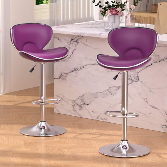 Modern PU Leather Bar Stools Set of 2, Adjustable Swivel Counter Stools, Counter Height Bar Stools with Back & Footrest For Kitchen Island Pub Dining Room (Purple)