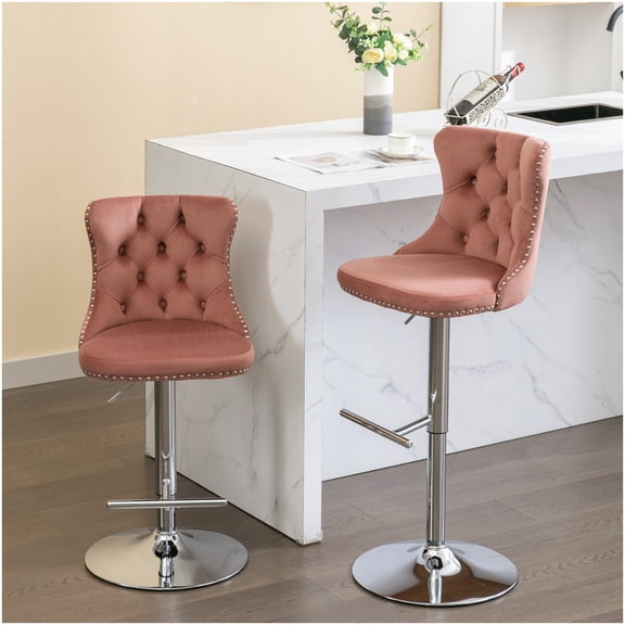 Modern Adjustable Bar Stools Set of 2, Pink Velvet Swivel Stools with Tufted Backs and Chrome Legs for Kitchen Island Dining