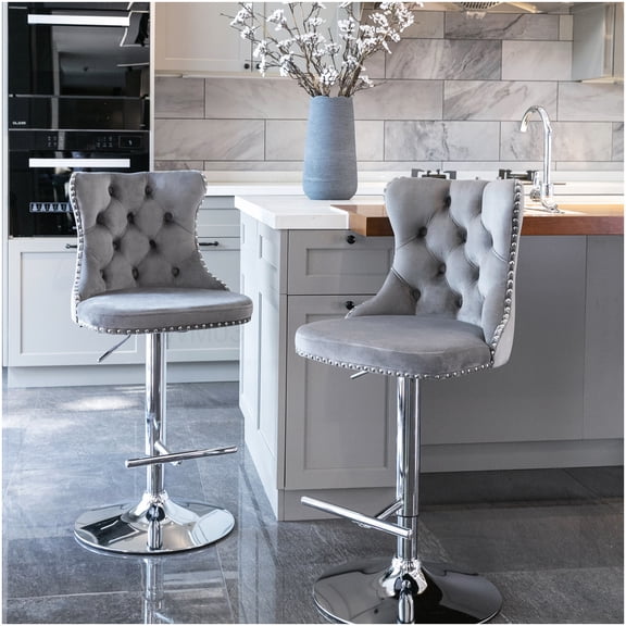 Modern Adjustable Bar Stools Set of 2, Swivel Velvet Upholstered Stools with Chrome Base and Back Support, for Kitchen Island, Home Bar, Gray