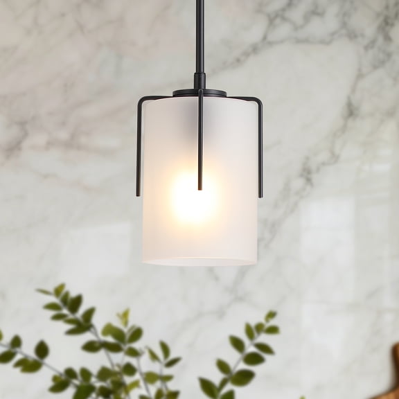 Modern Adjustable Cylindrical Pendant Light, Milky White Frosted Glass & Black Metal Frame, E26 Base, Compatible with Flat Vaulted Sloped Ceilings, Kitchen Island Dining Room Bedroom Lighting