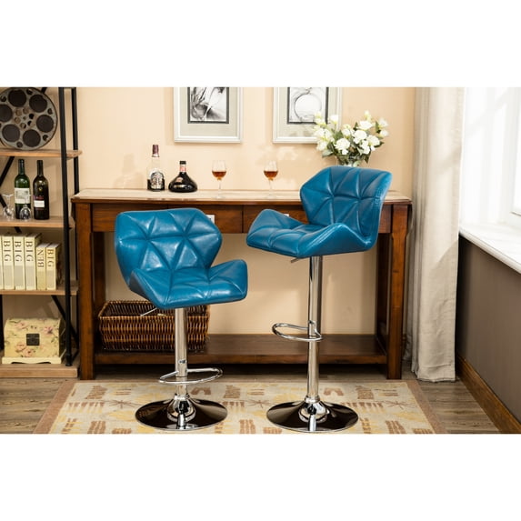 Modern Adjustable Height Blue Bar Stools - Diamond- Seat With Gas Lift And Foot Rest For Comfort Contemporary Hydraulic In Blue, 2 Pu Leather A Relaxing Interval