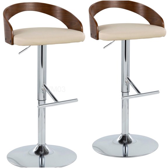Modern Adjustable Height Swivel Bar Stools with Chrome Base and Cream Faux Leather, Pair