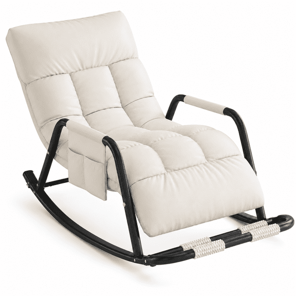Modern Adjustable Rocking Chair with Massage Rollers, Space-Saving PU Leather Glider Lounge Chair with Thick Cushion for Indoor, Patio, Bedroom-Beige