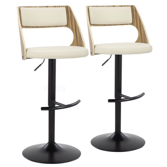 Modern Adjustable Swivel Bar Stool Set with Cream Faux Leather Seat, Black Metal Frame and Footrest