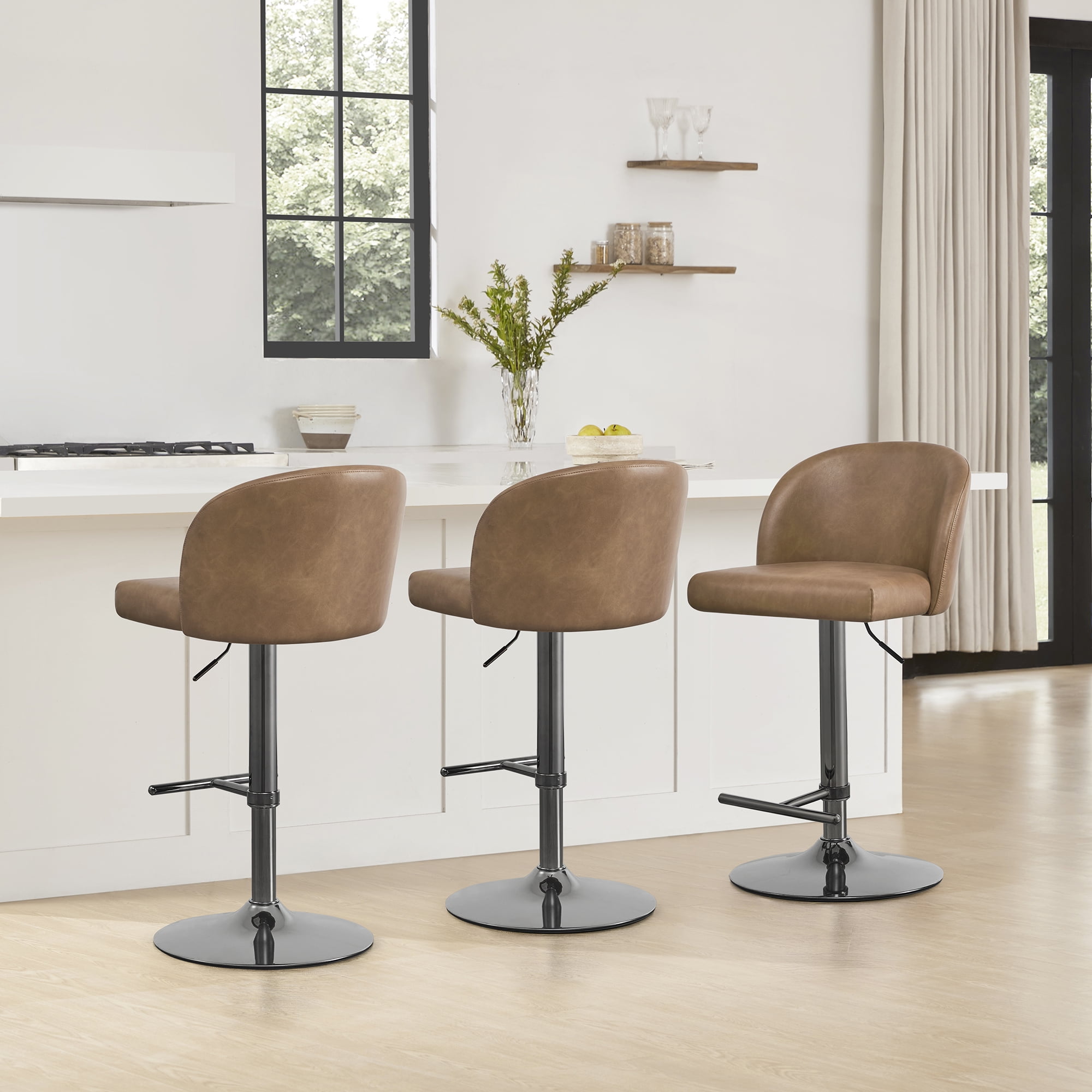 Spruce & Spring Modern Adjustable Swivel Bar Stool with Air-Lift Set of 3, Cognac with Sleek Black Frame