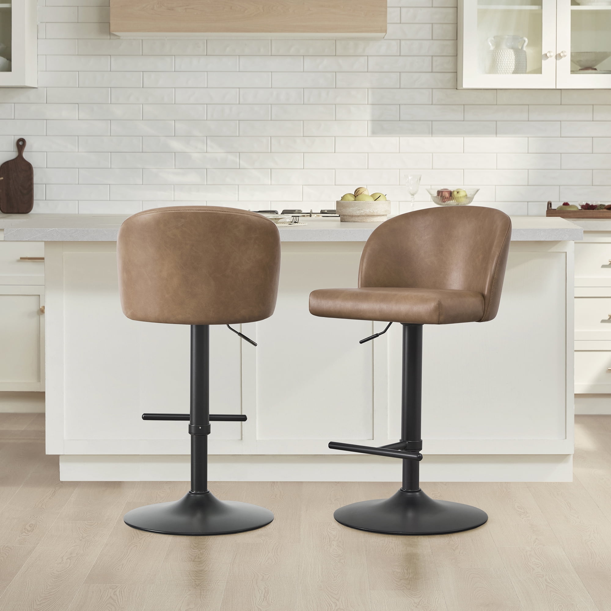 Spruce & Spring Modern Adjustable Swivel Bar Stool with Air-Lift Set of 2, Cognac with Black Frame
