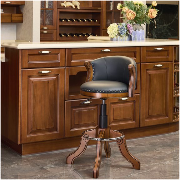 Modern Adjustable Swivel Bar Stool with Back Support, Blue Cowhide Leather Seat on Solid Wood Base for Counter Height