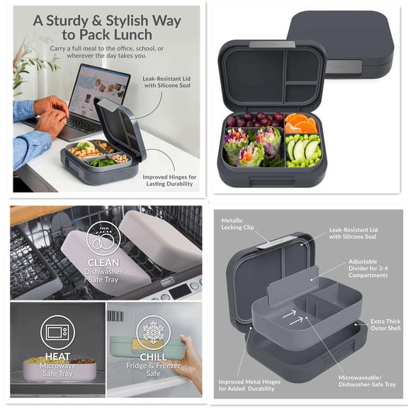 Modern - Adult & Teen Bento Lunch Box; 3-4 Compartments, Leak-Resistant, 5.5 Cup Capacity/44 fl oz, Improved Locking Clips, Reusable
