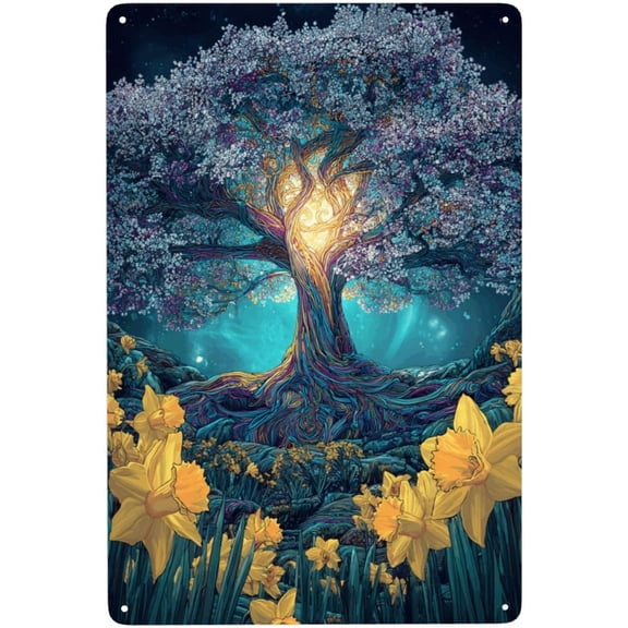 Modern Aesthetic Art Tin Plaque, 8x12 Inch Enchanted Tree With Cosmic Roots, Indoor Outdoor Hanging Wall Decor Sign, Artistic Gift for Nature Lovers