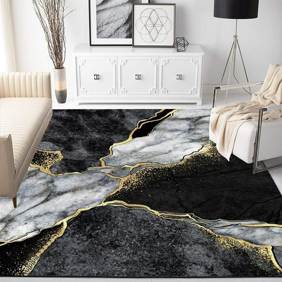Modern Aesthetic Grey Black Gold Marble Abstract Area Rug 5x6ft Non-Shedding Soft Rug for Livingroom Bedroom Diningroom Indoor Office Kitchen Floor Carpet
