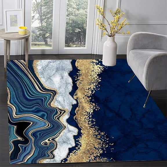 Modern Aesthetic Navy Blue Gold Marble Abstract Area Rug Minimalist Abstract Rug For Living Room Bedroom Dining Room Indoor Floor Cover Carpet 3 x 4ft