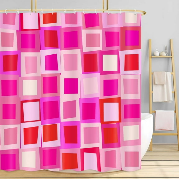 Cute Pink Fabric Shower Curtain 70S Aesthetic Boho Bathroom Decor, Abstract Geometric Modern Groovy Preppy Teen Girl Shower Curtain Set with Hooks, 72X72in