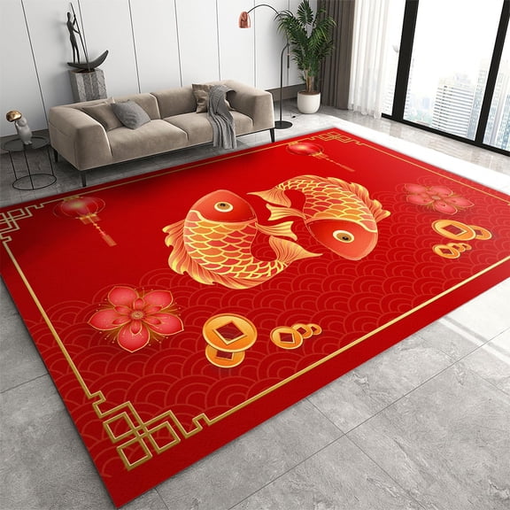 Modern Aesthetic Rug, Chinese Spring Festival Traditional Red Koi Lantern Flower Art Pattern Dining Room Rug, With Non-Slip Backing Breathable Comfy Non-Slip Rugs For Living Room