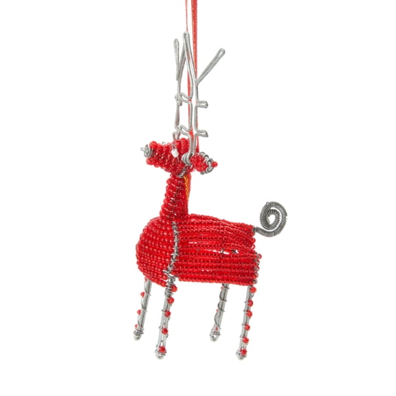 Modern African Red and Silver Beaded Wire Holiday Reindeer Ornament 4 Inch