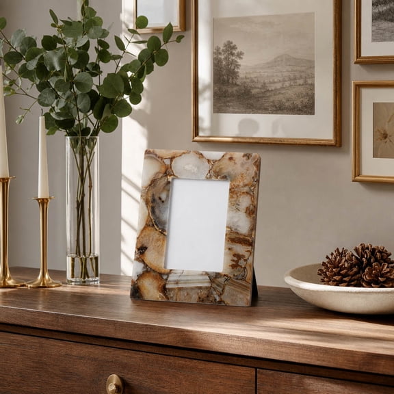 Sagebrook Home Agate Picture Frame for Console Table - Decorative Stone Photo Frame for Tabletop, Office Desk and Living Room - 9", Brown