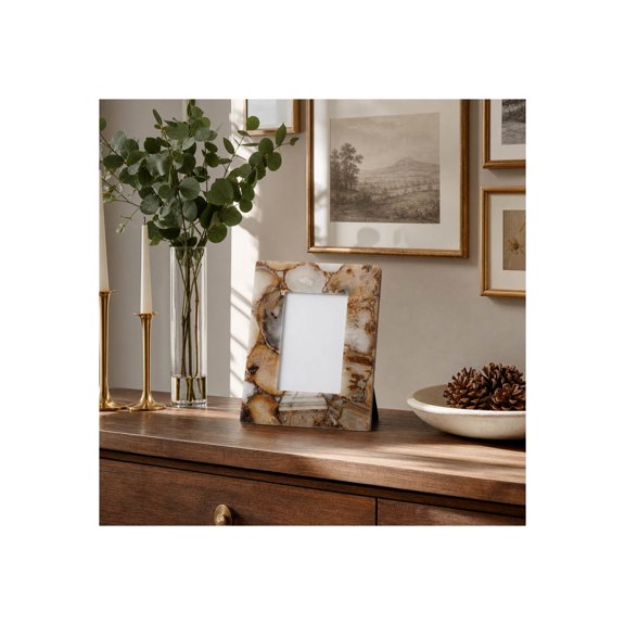 Modern Agate Picture Frame for Console Table - Decorative Stone Photo Frame for Tabletop, Office Desk, and Living Room Decor - 9", Brown