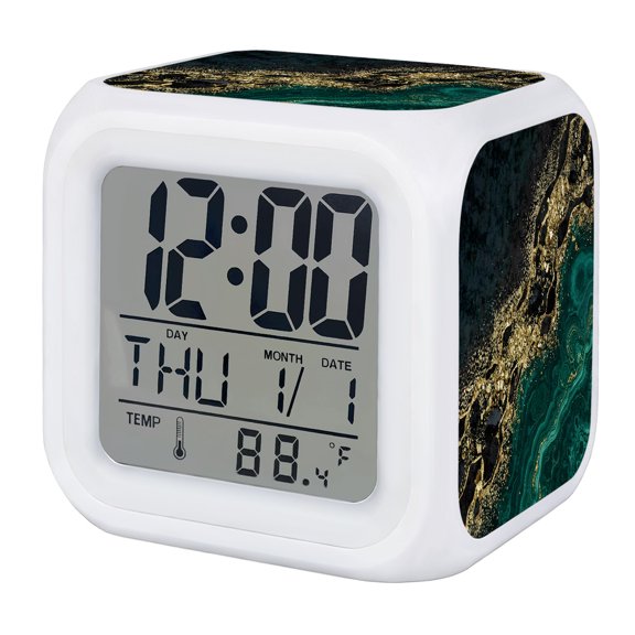 Modern Alarm Clock, Black Gold and Green Marble Stone Abstract Fluid Art Digital Clock Night Light with 7 Color, Calendar Temperature Display, LED Desk Small Clock for Bedrooms Bedside Living Room