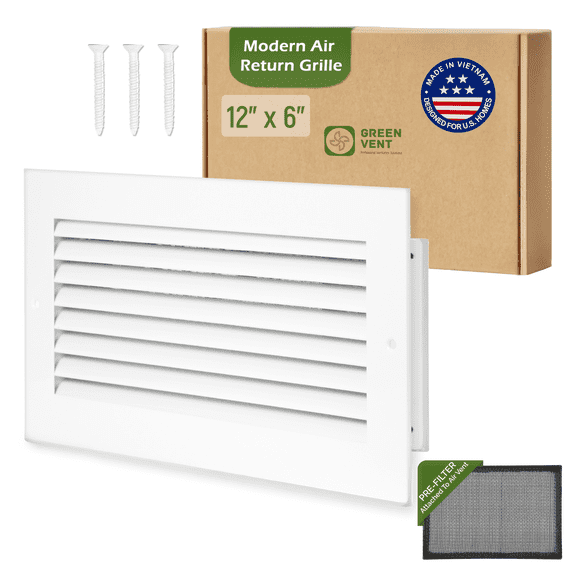 GREEN VENT Modern Aluminum Air Return Grille 12x6 (Duct Opening) with Washable Mesh Pre-Filter for Ceiling, Wall
