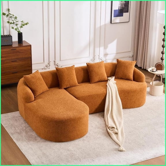 Modern Amber Orange Chenille L-Shape Sectional Sofa with Curved Chaise - High-Density Sponge for Apartment Living Room