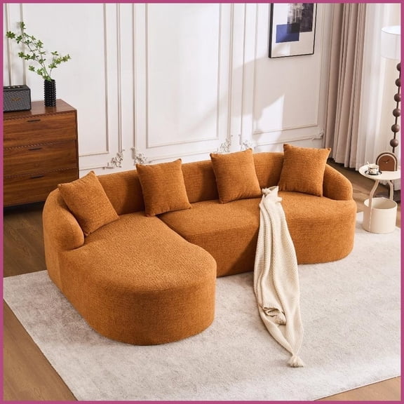 Modern Amber Orange Chenille L-Shape Sectional Sofa with Curved Chaise - High-Density Sponge for Apartment Living Room