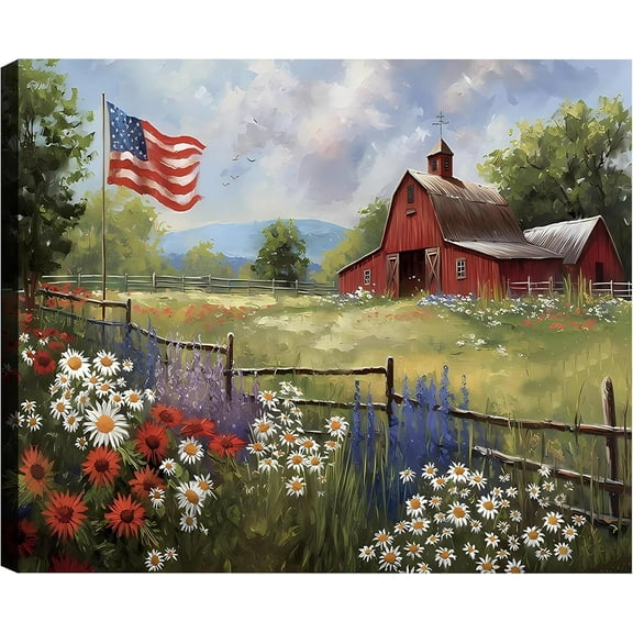 Modern American Flag Framed Canvas Wall Art for Living Room, 4th of July Large Patriotic Floral Poster for Bedroom, Wrapped Canvas Prints Artwork Americana Pictures Wall Decor P1