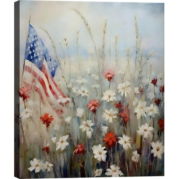 Modern American Flag Framed Canvas Wall Art for Living Room, 4th of July Large Patriotic Floral Poster for Bedroom, Wrapped Canvas Prints Artwork Americana Pictures Wall Decor P1