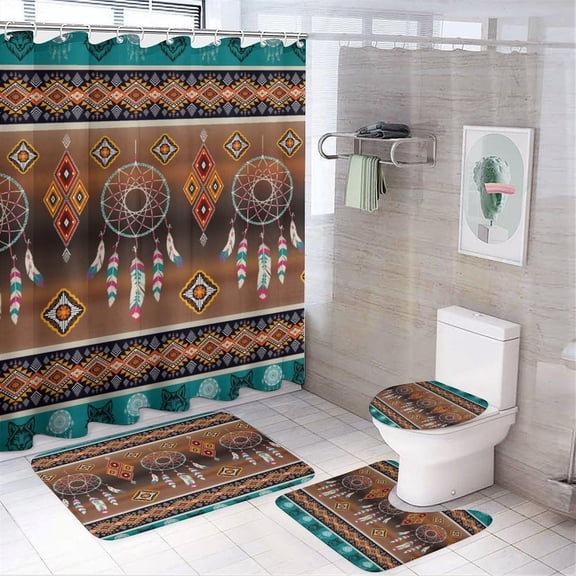 Modern American Native Wolf Eagle 4 Pcs Waterproof Shower Curtain Set,Abstract Forest Hunting Theme Nation Tribal Dreamcatcher with Waterproof Toilet Cover Shower Mat Rugs