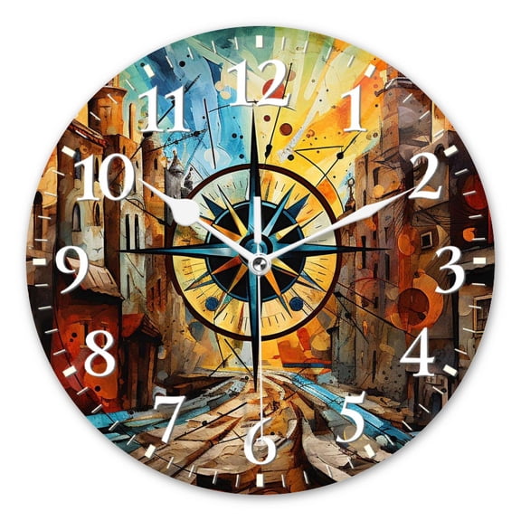 Modern Analog Wall Clock Battery Operated Round Clock with Non-Ticking Sweep Movement,Decorative for Bathroom,Living Room-Abstract Representation Of Old City Street With Buildings(12inch)