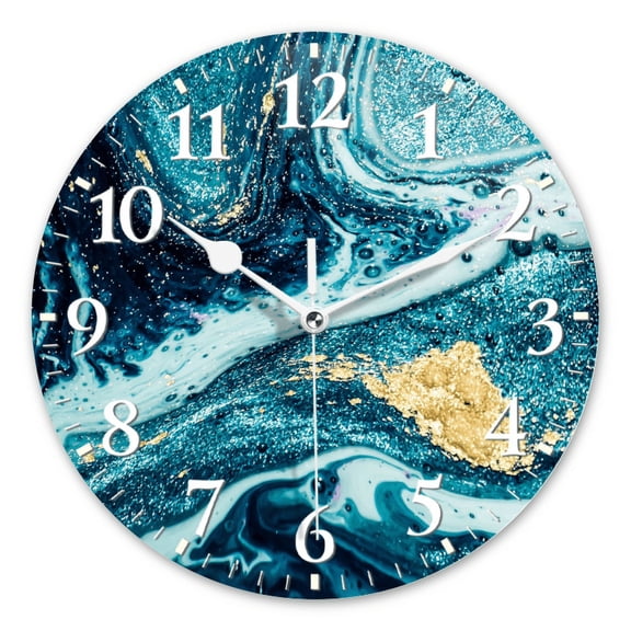 Modern Analog Wall Clock Battery Operated Round Clock with Non-Ticking Sweep Movement,Decorative for Bathroom,Living Room-Blue And Gold Fluid Painting With Gold Leaf(10inch)
