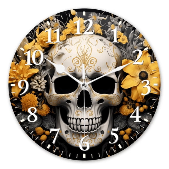 Non-Ticking Silent Clocks Personalized Analog Wall Clock Battery Operated Clocks with Picture Decorative for Home,Office-Skull With Yellow Flowers And Gray Leaves(14inch)