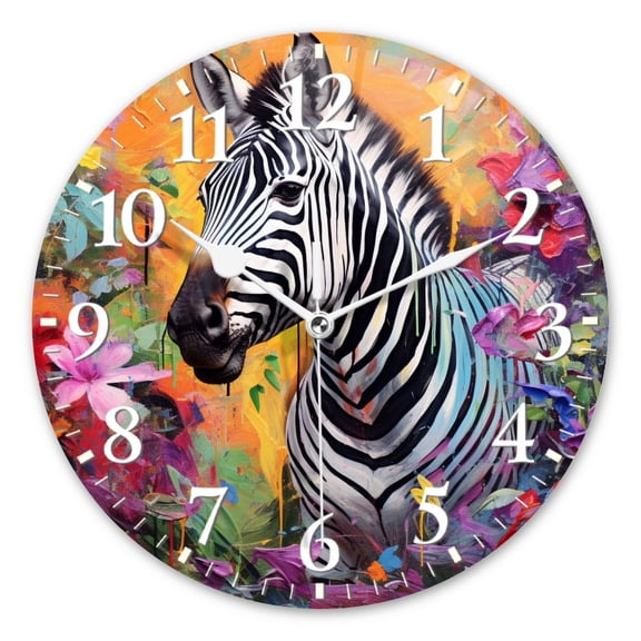 Modern Analog Wall Clock Battery Operated Round Clock with Non-Ticking Sweep Movement,Decorative for Bathroom,Living Room-Zebra In The Middle Of Oil Painting Surrounded By Flowers(12inch)