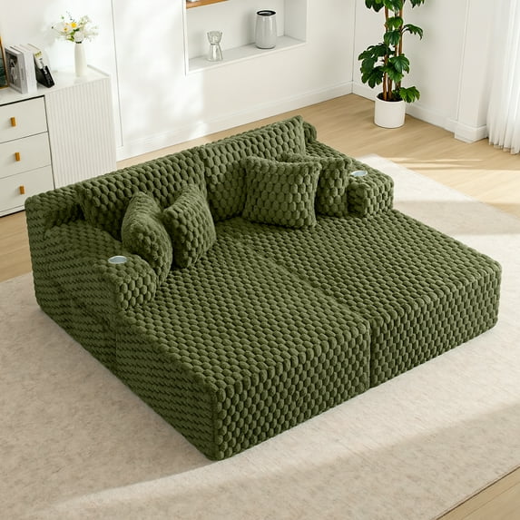 COOLHUT 74.8" Oversize Double Lounge Chaise Sofa Bed, Corduroy Sleeper Sofa, Deep Seat Floor Sofa with Pillows, Fluffy Sofa for Living Room, Apartment and Bedroom, No Assembly Required, Olive Green