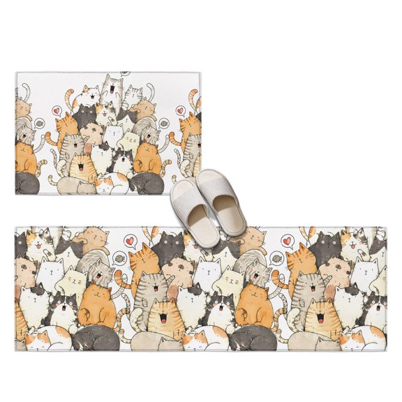 Modern Animal Art 2 Pieces Non-Slip Kitchen Mat Set, Crowded Cat Pile Sleeping Kittens Illustration Soft Door Mat with Rubber Backing, Dirtproof Rugs for Entrance Doorway, 23.6x35.4in+23.6x70.9in